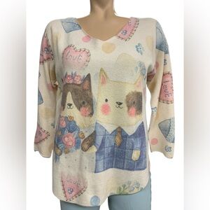 Via Cute Cat Print Sweater - Cream and Pink Size S